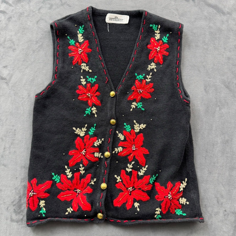 In Resource Vintage Christmas Sweater Vest Poinsettia Beaded Knit Black Medium